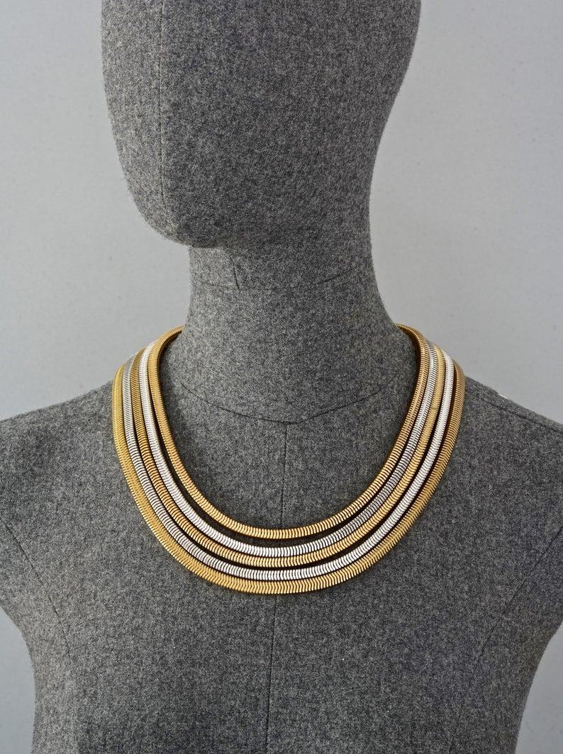 Vintage 1973 CHRISTIAN DIOR Multi Layered Two Tone Snake Chain Necklace 2