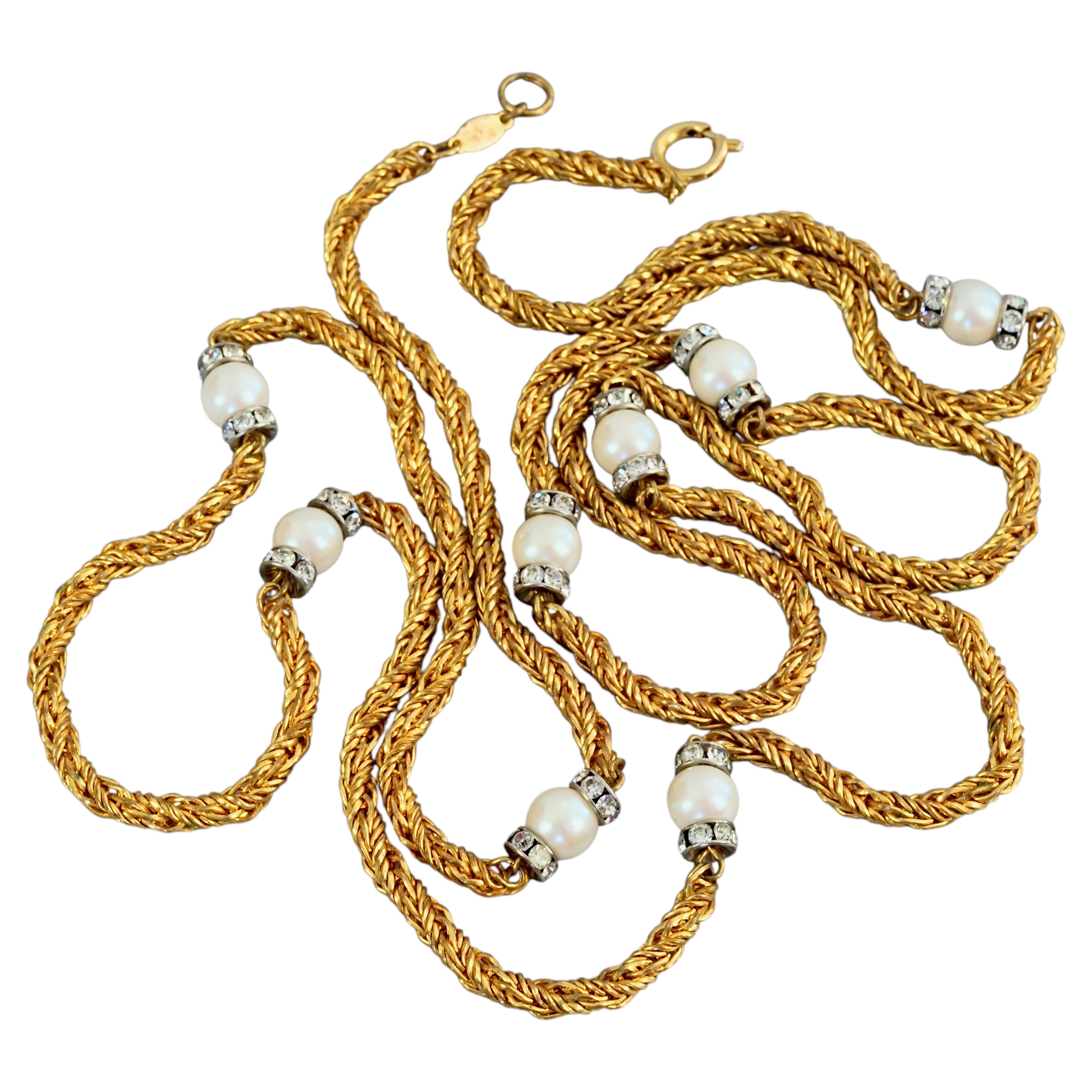 Vintage 1973 CHRISTIAN DIOR Pearl Rhinestones Chain Long Necklace