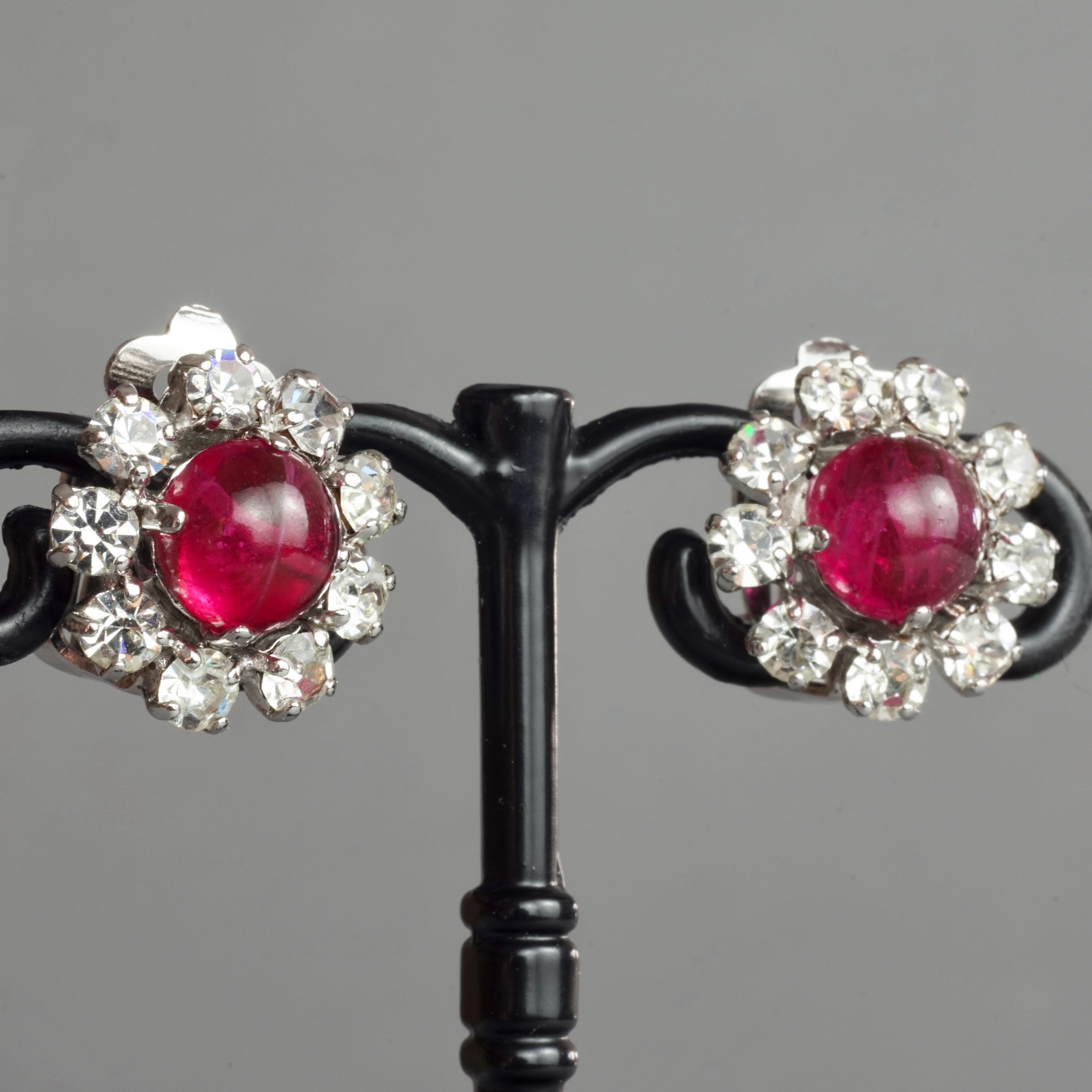 Vintage 1973 CHRISTIAN DIOR Red Glass Cabochon Rhinestone Earrings For Sale 2
