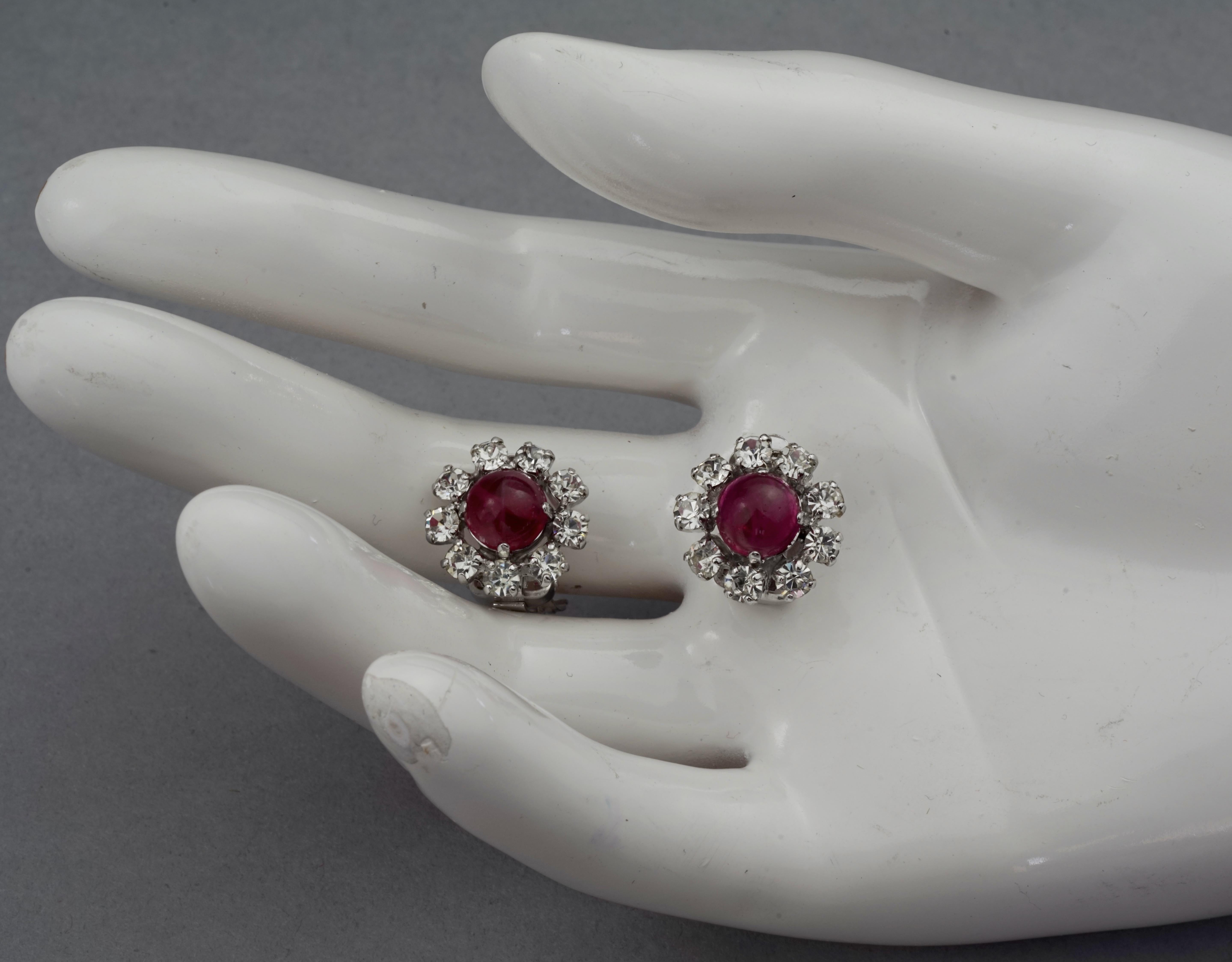 Vintage 1973 CHRISTIAN DIOR Red Glass Cabochon Rhinestone Earrings For Sale 3