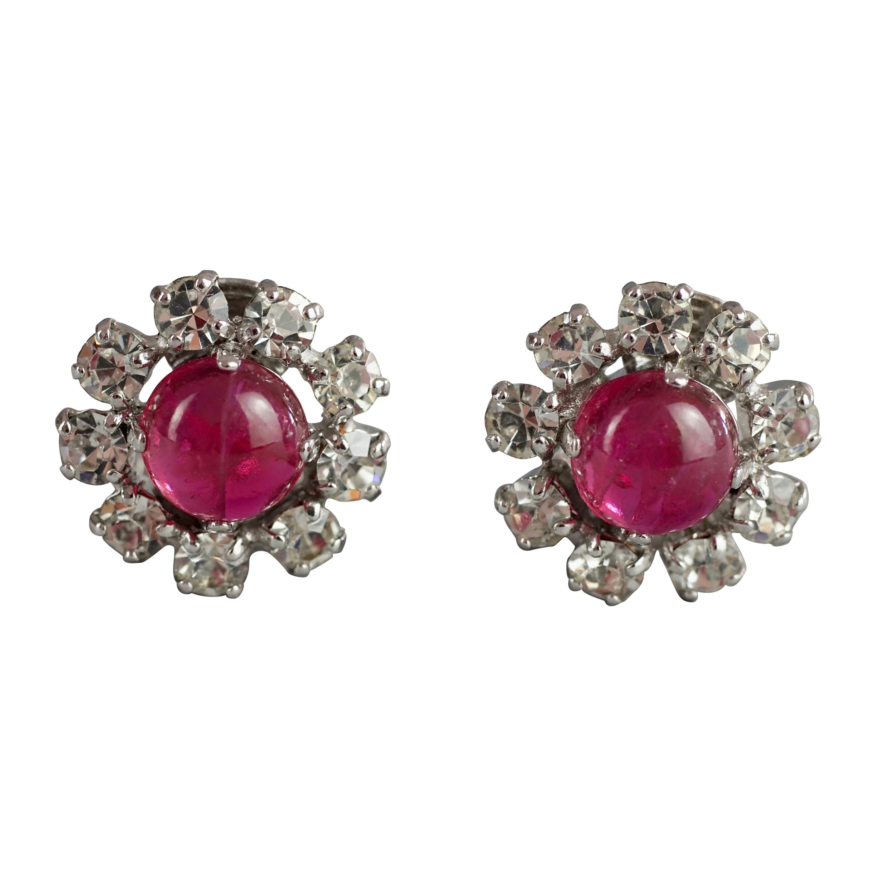 Vintage 1973 CHRISTIAN DIOR Red Glass Cabochon Rhinestone Earrings