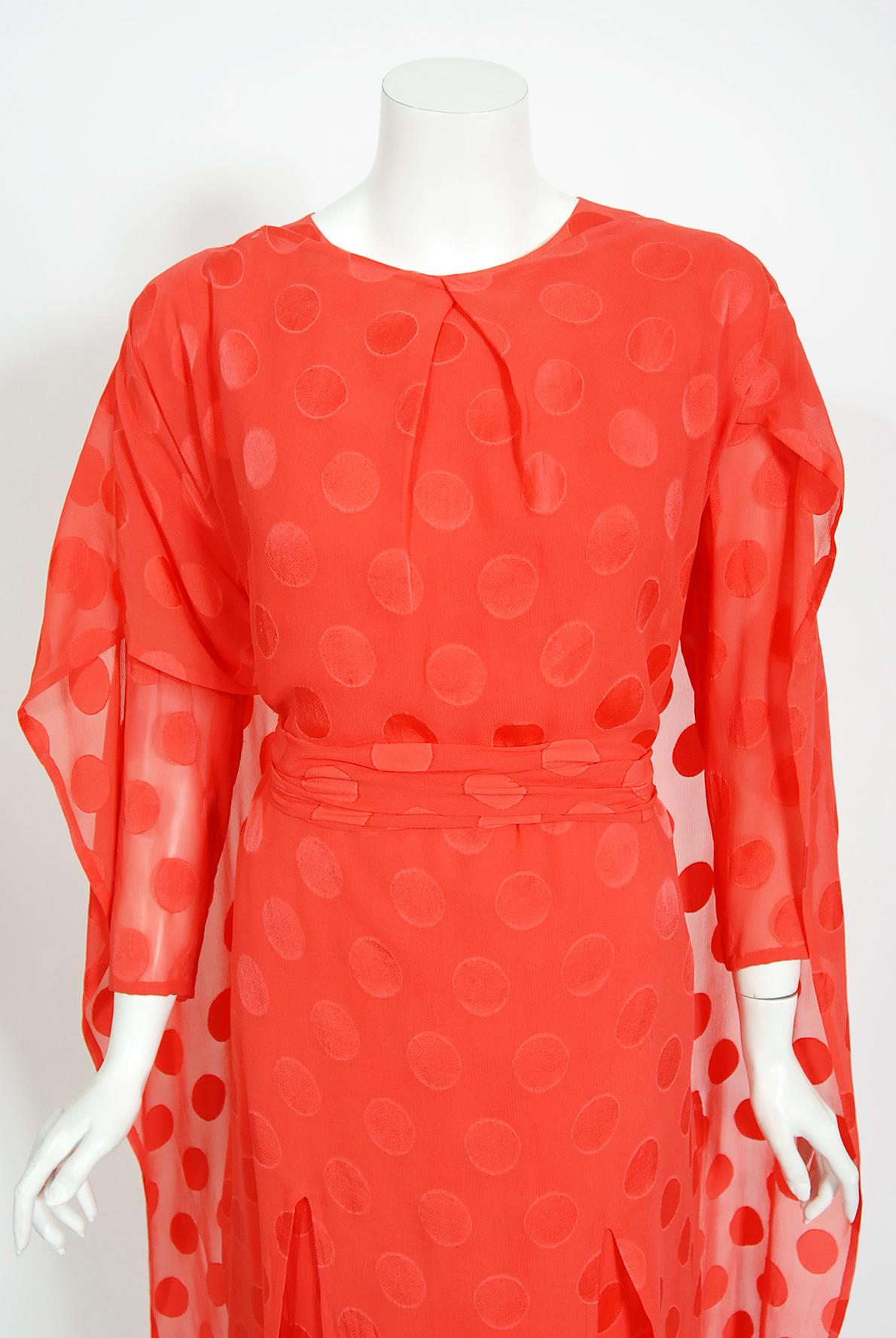 Vintage 1973 Givenchy Haute Couture Orange Dotted Silk Carwash-Hem Caftan Gown For Sale 6