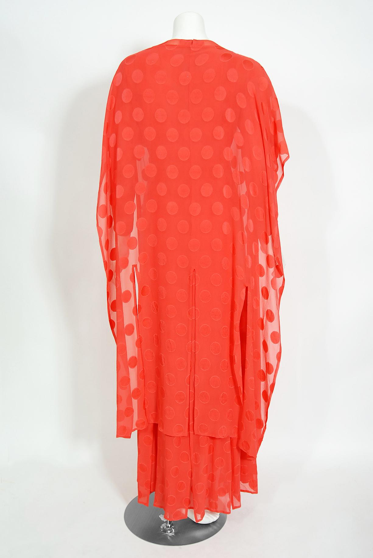 Vintage 1973 Givenchy Haute Couture Orange Dotted Silk Carwash-Hem Caftan Gown For Sale 8