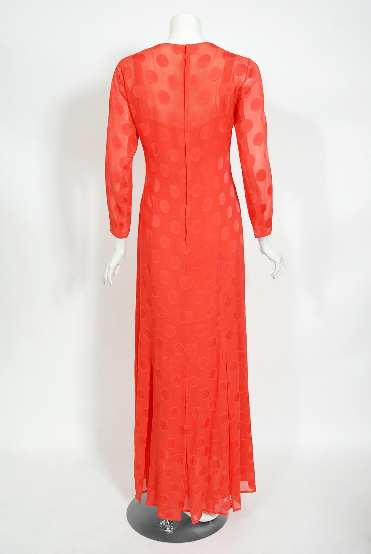 Vintage 1973 Givenchy Haute Couture Orange Dotted Silk Carwash-Hem Caftan Gown For Sale 9