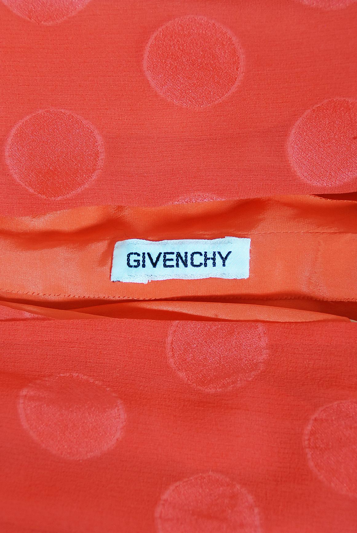 Vintage 1973 Givenchy Haute Couture Orange Dotted Silk Carwash-Hem Caftan Gown For Sale 10