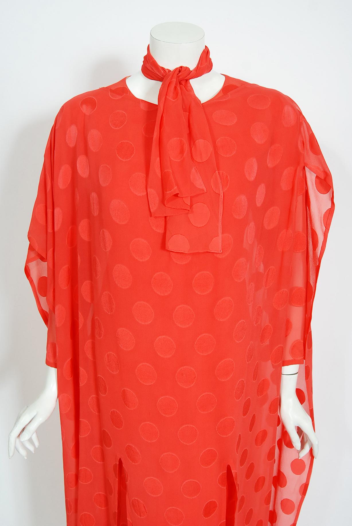 Red Vintage 1973 Givenchy Haute Couture Orange Dotted Silk Carwash-Hem Caftan Gown For Sale