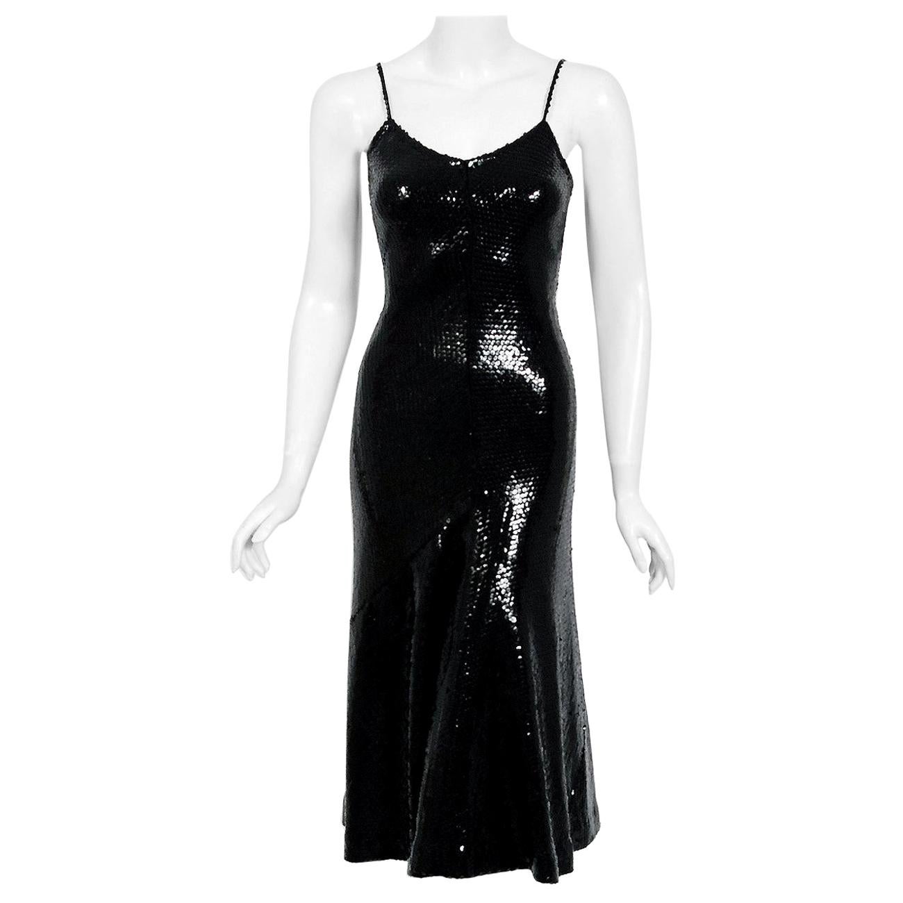Vintage 1973 Halston Black Sequin Silk Jersey Bias-Cut Hourglass Mermaid Dress