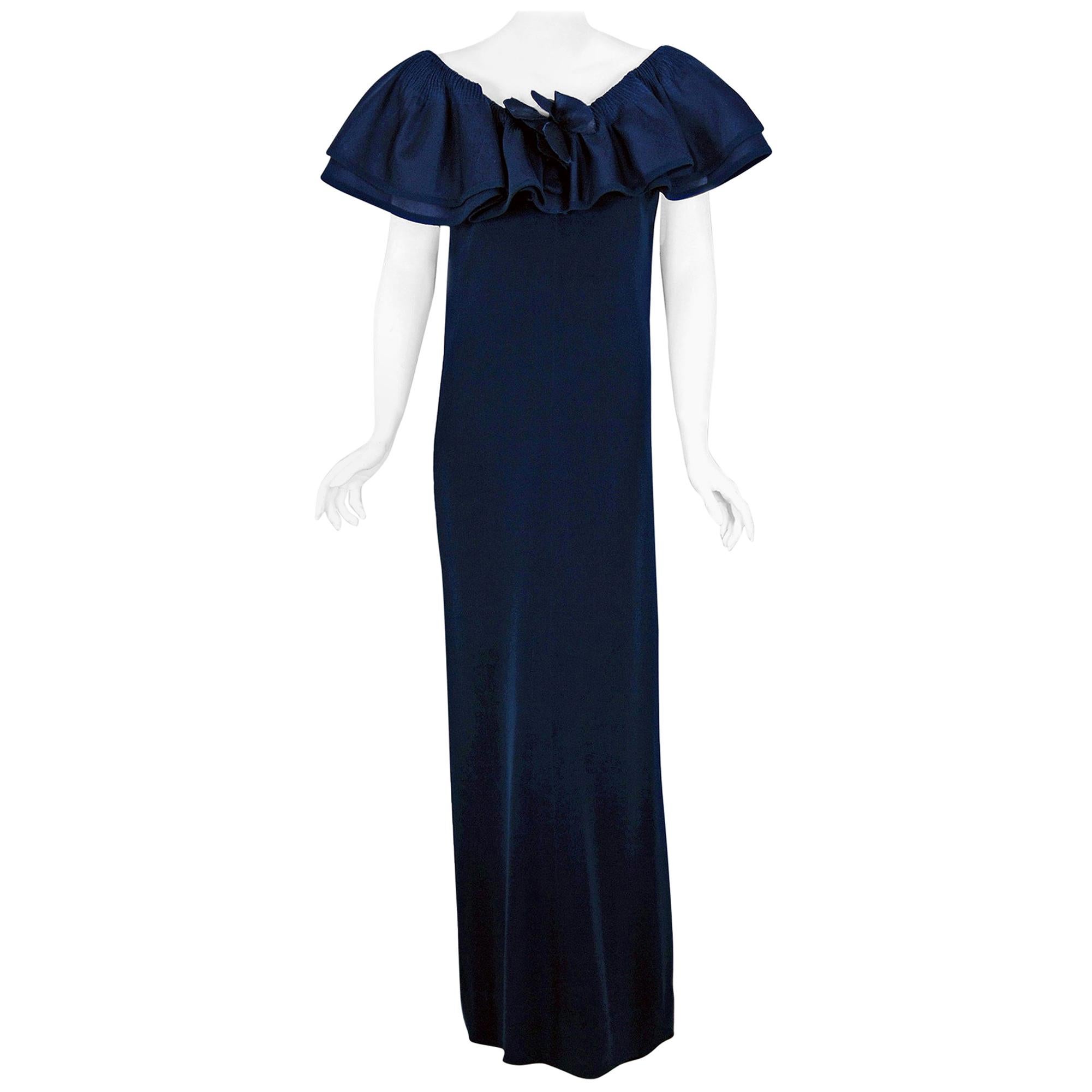 Vintage 1973 Pierre Balmain Haute Couture Navy Silk Pleated Petal Collar Gown For Sale