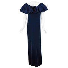 Vintage 1973 Pierre Balmain Haute Couture Navy Silk Pleated Petal Collar Gown