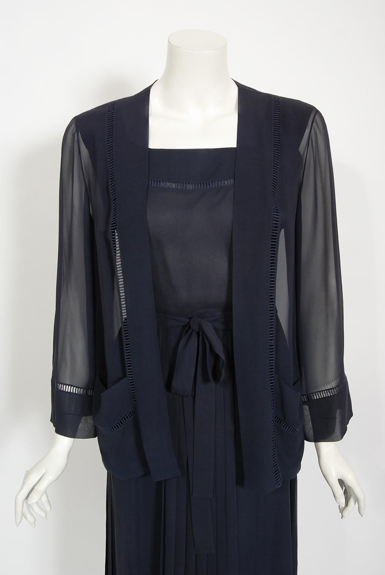 Black Vintage 1974 Christian Dior Haute Couture Documented Navy Pleated Silk Dress Set