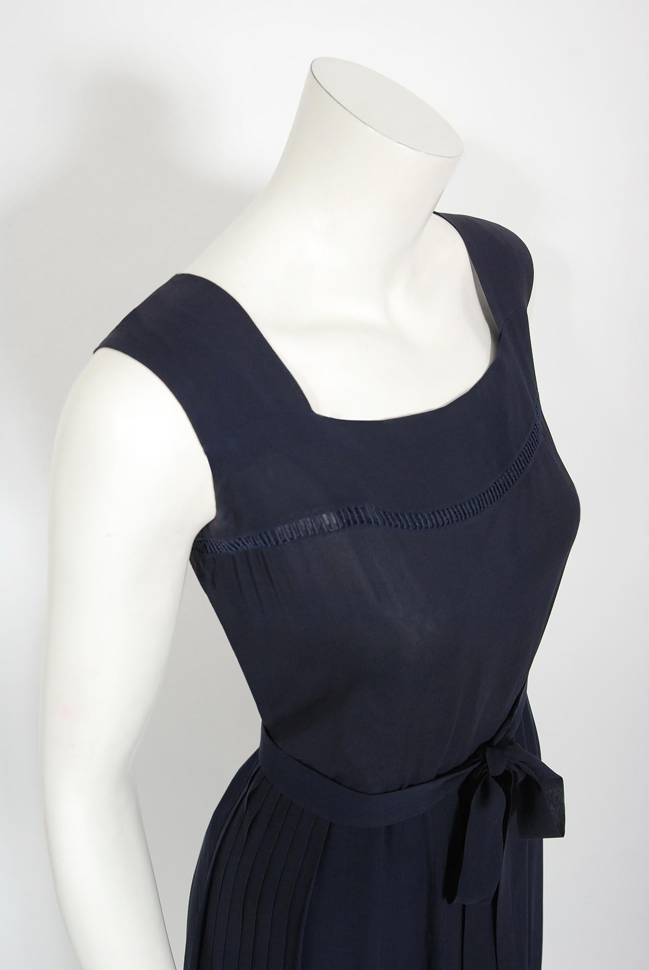 Women's Vintage 1974 Christian Dior Haute Couture Documented Navy Pleated Silk Dress Set