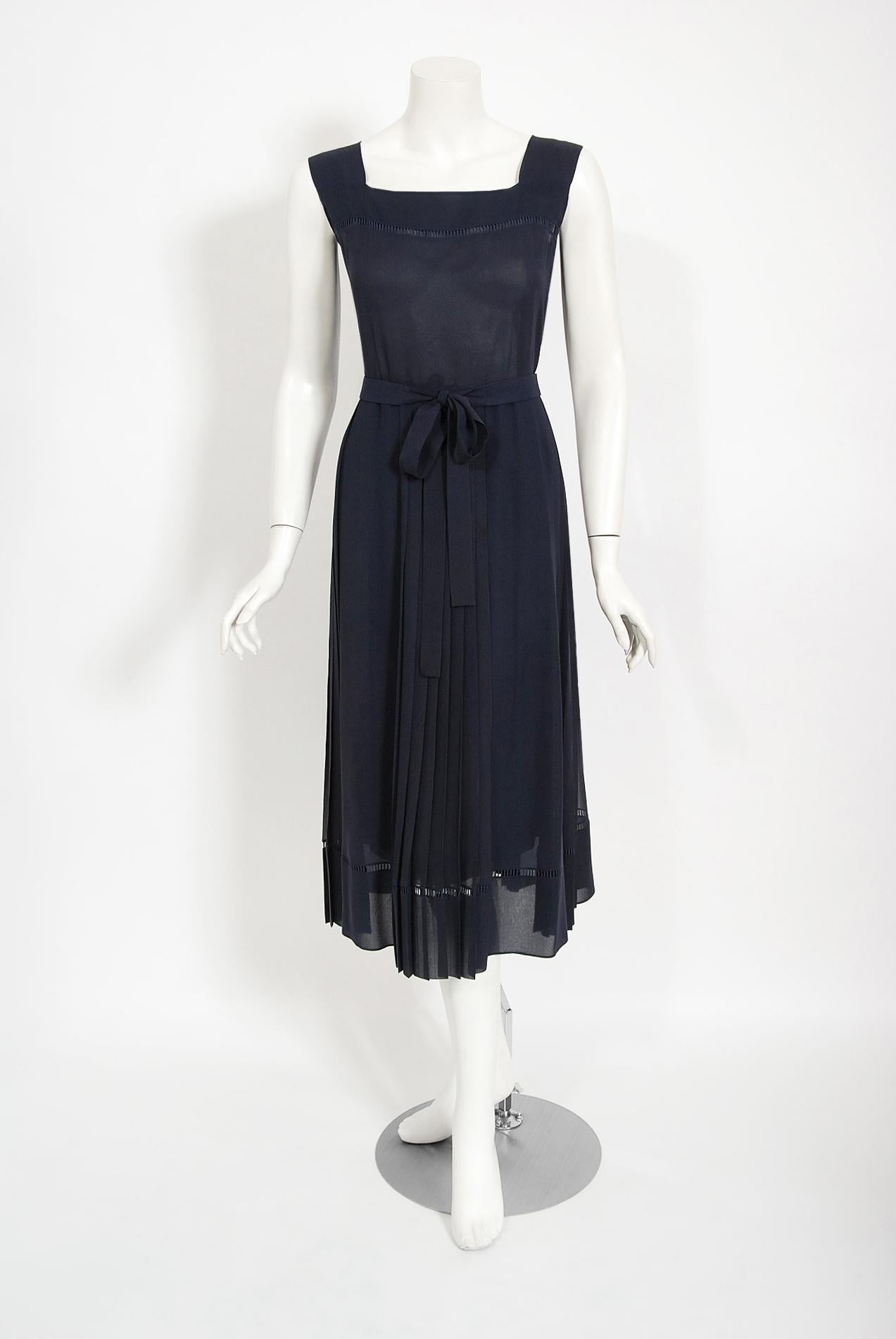 Vintage 1974 Christian Dior Haute Couture Documented Navy Pleated Silk Dress Set 1