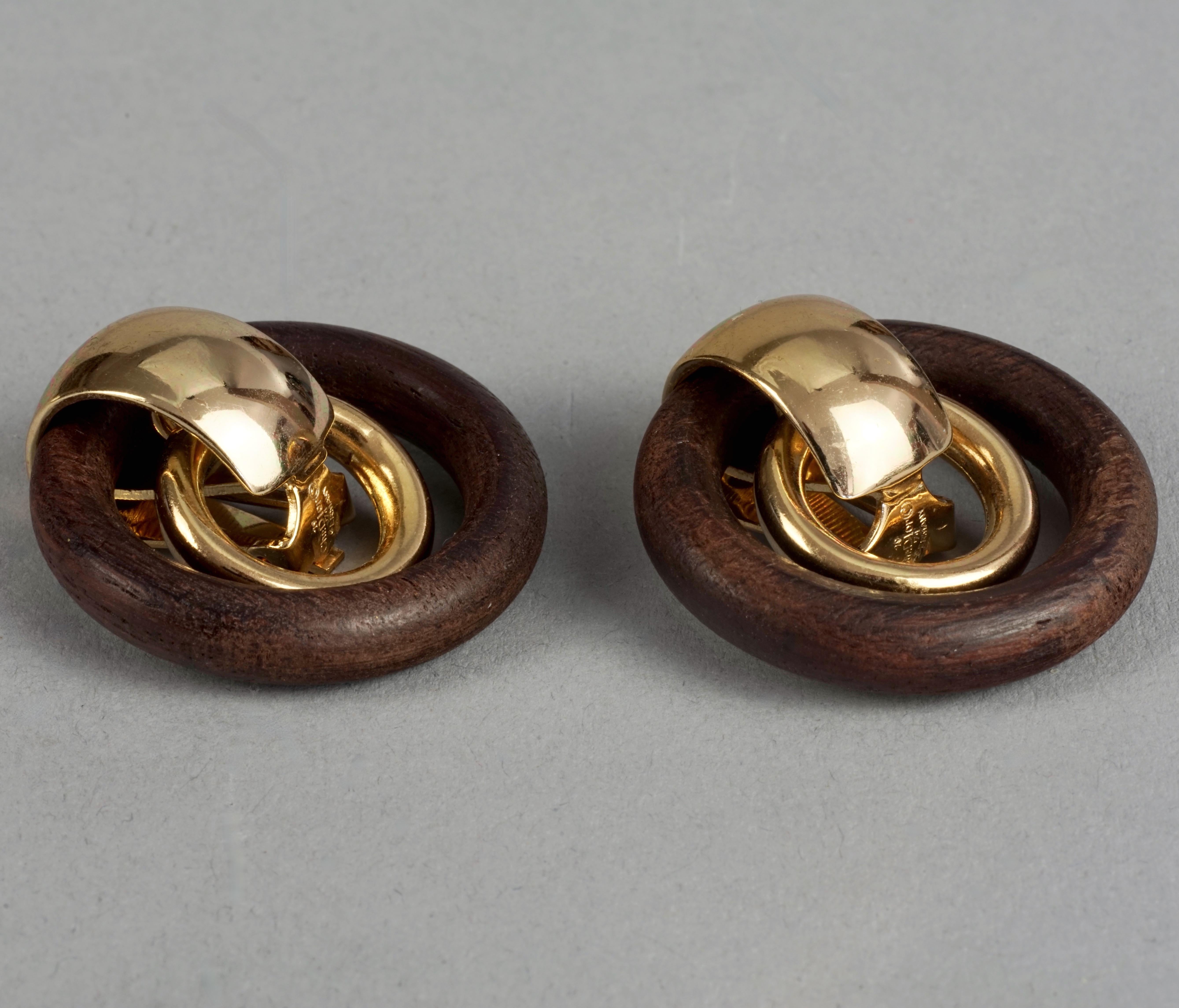 Vintage 1974 CHRISTIAN DIOR Wooden Gilt Double Hoop Earrings For Sale 1