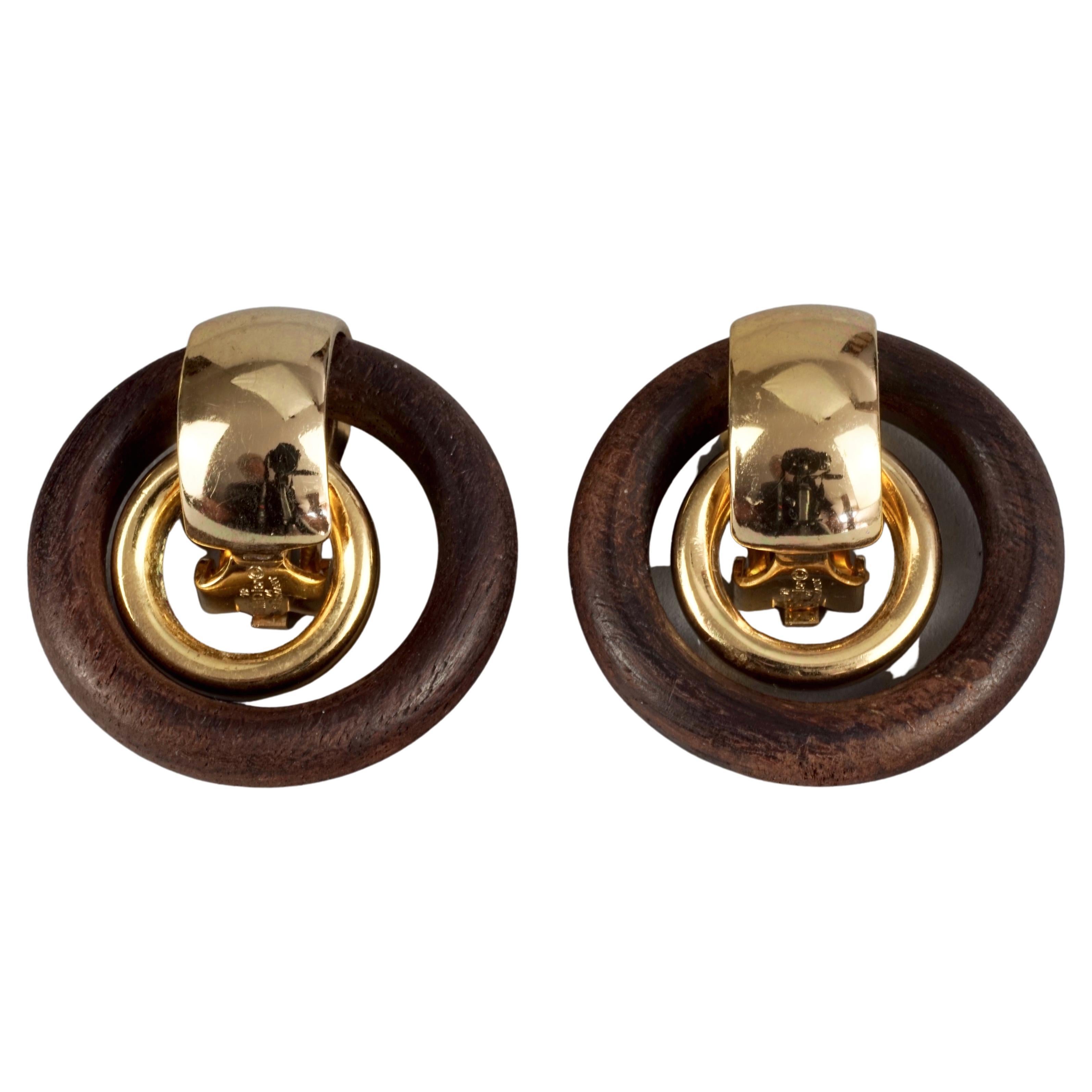 Vintage 1974 CHRISTIAN DIOR Wooden Gilt Double Hoop Earrings For Sale