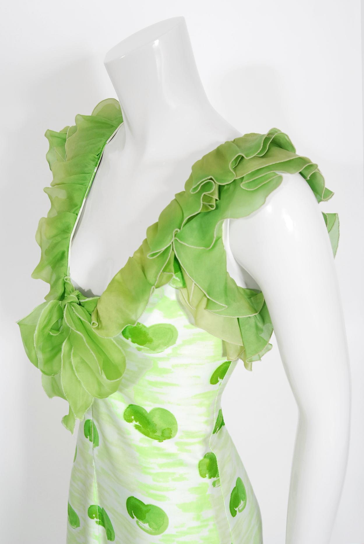 Archival 1974 Courreges Documented Green Print Cotton Ruffle Organza Maxi Dress For Sale 2
