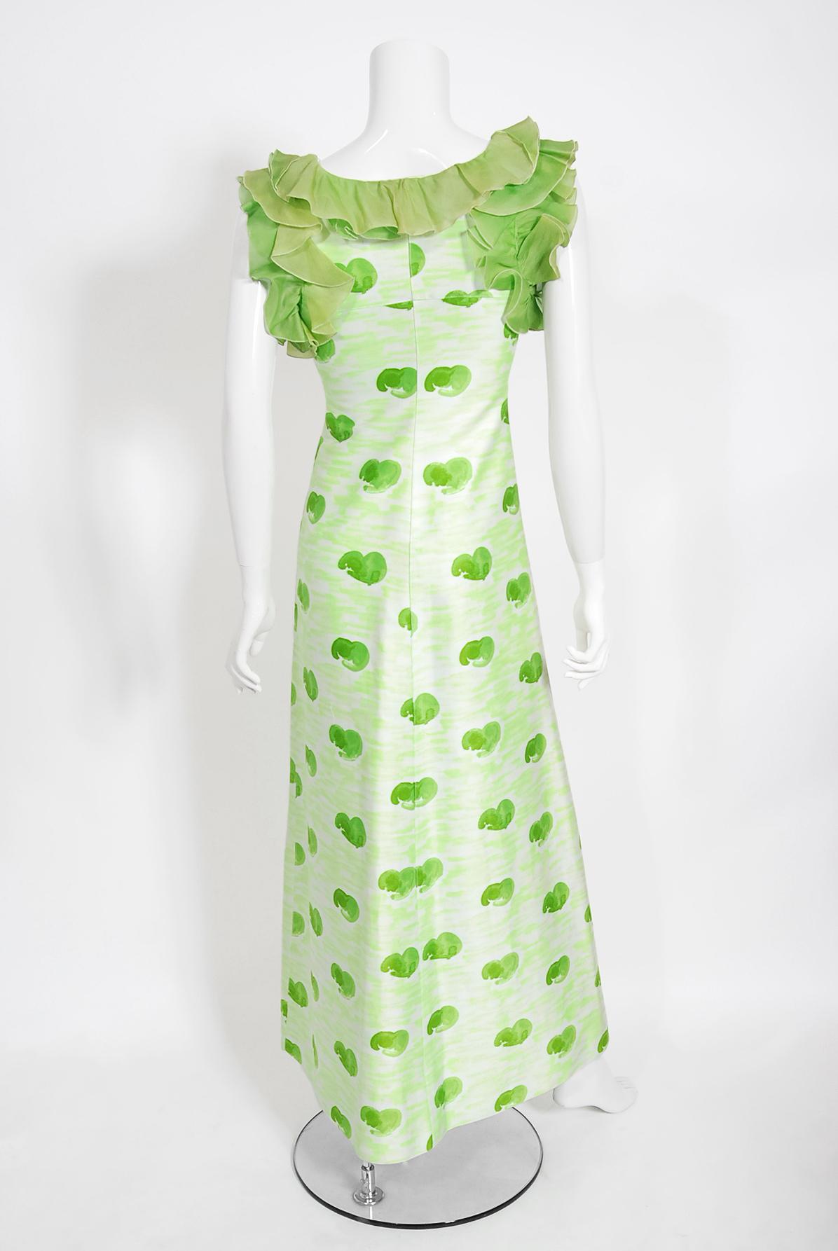 Archival 1974 Courreges Documented Green Print Cotton Ruffle Organza Maxi Dress For Sale 3