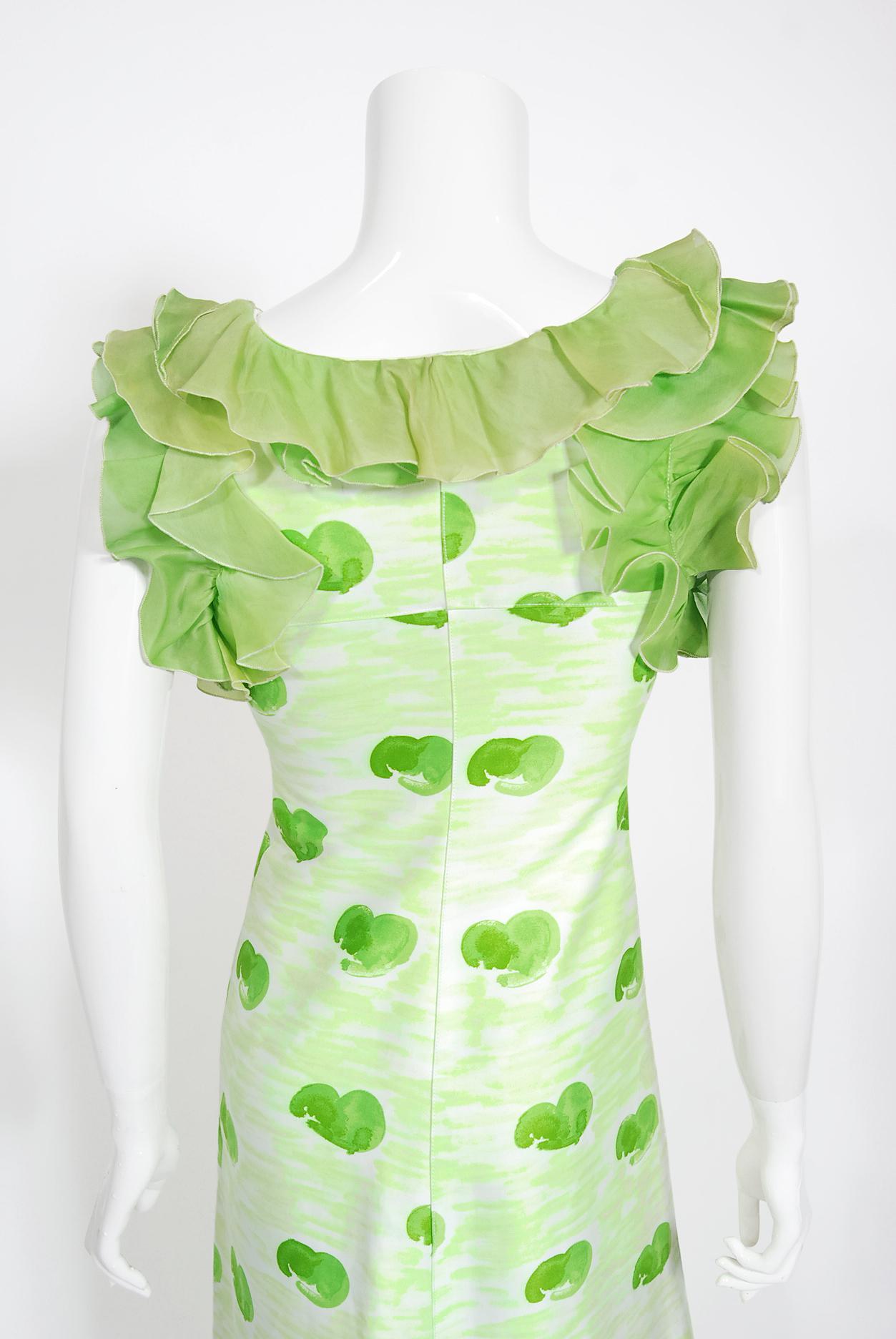 Archival 1974 Courreges Documented Green Print Cotton Ruffle Organza Maxi Dress For Sale 4