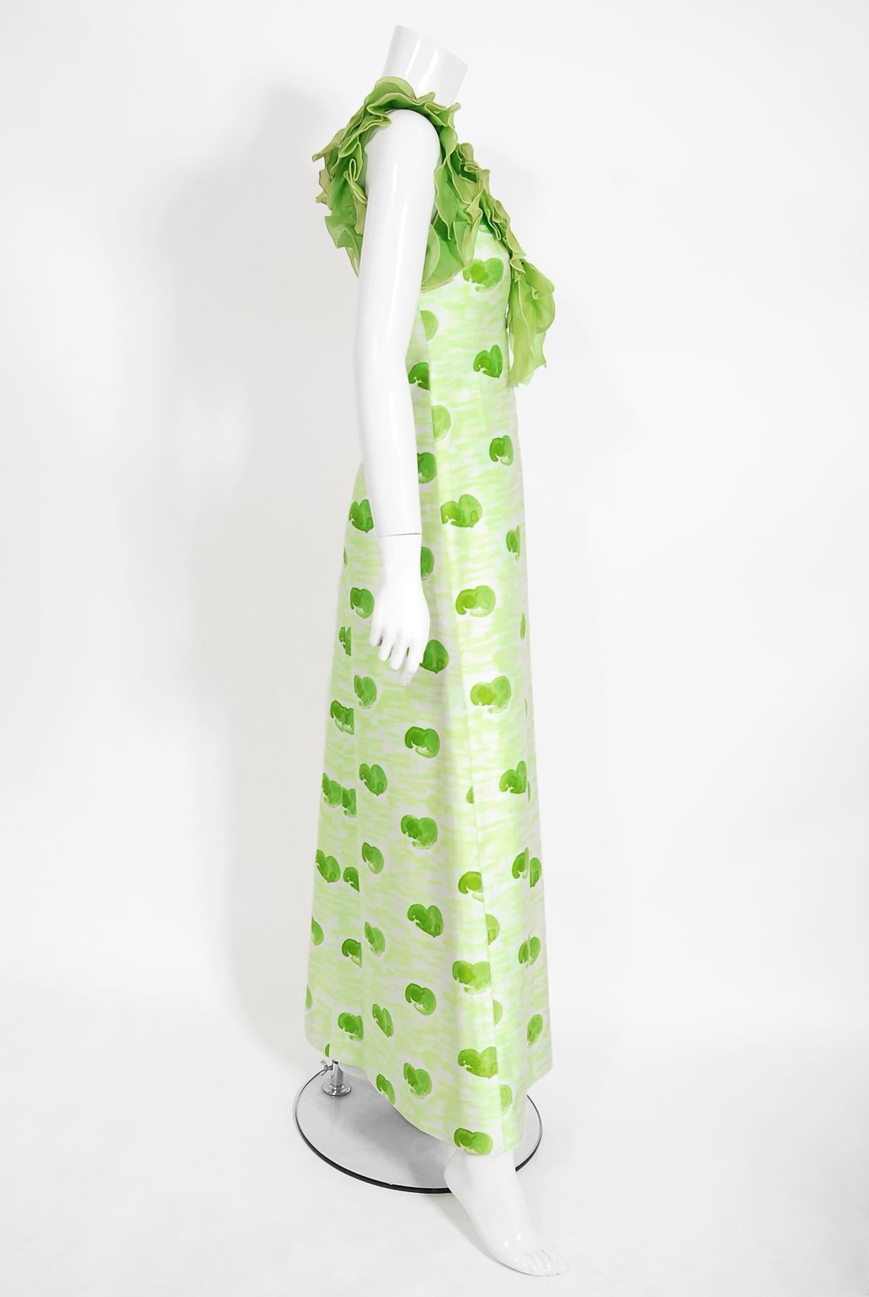 Archival 1974 Courreges Documented Green Print Cotton Ruffle Organza Maxi Dress In Good Condition For Sale In Beverly Hills, CA