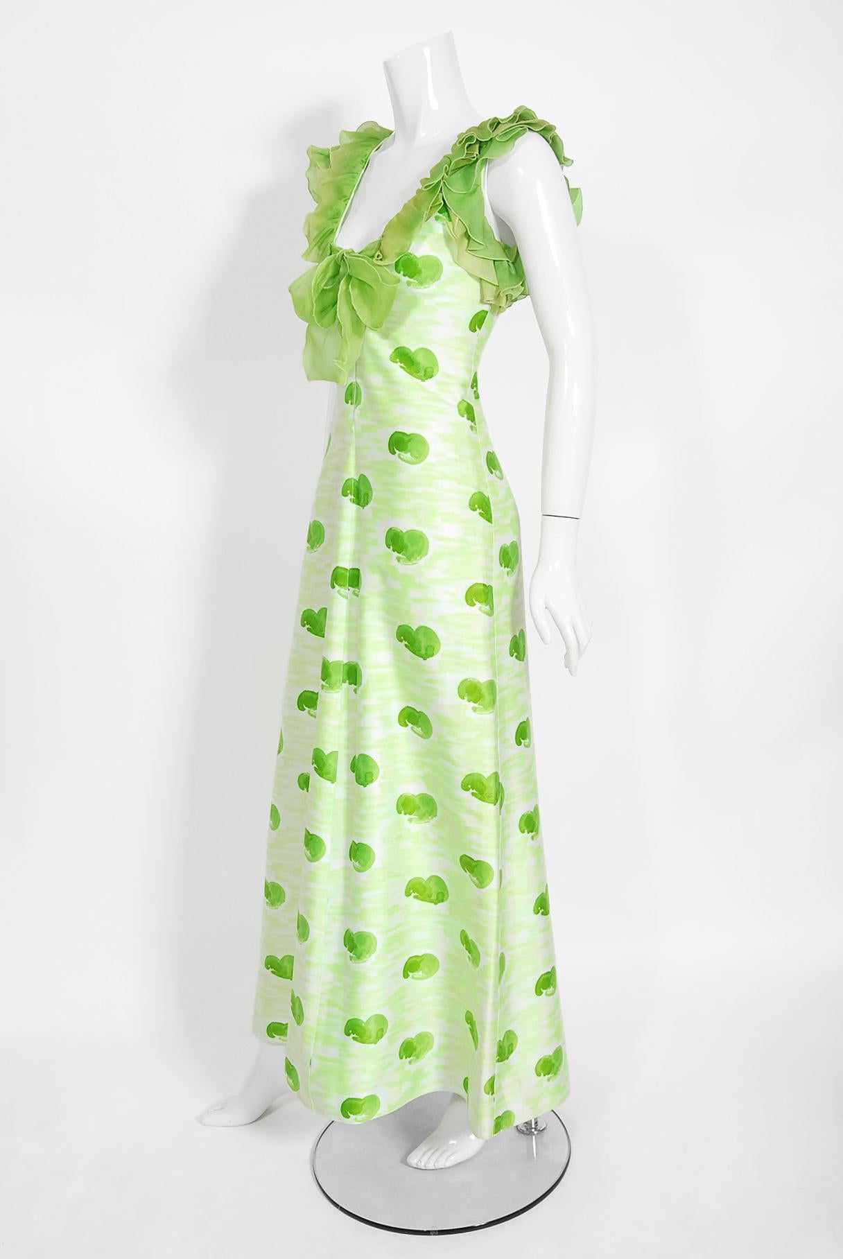 Archival 1974 Courreges Documented Green Print Cotton Ruffle Organza Maxi Dress For Sale 1