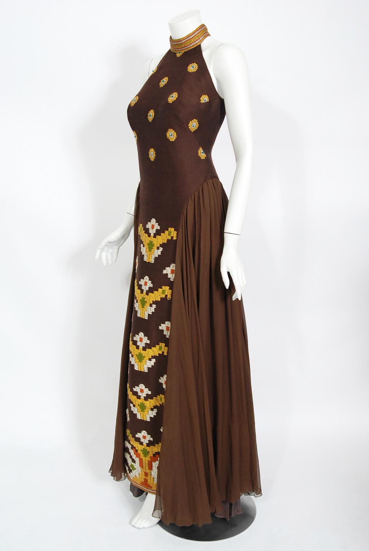 Brown Vintage 1974 Nikos-Takis Greek Couture Documented Embroidered Wool Chiffon Gown