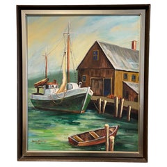Vintage 1974 Oil Painting on Canvas, Docked Boats
