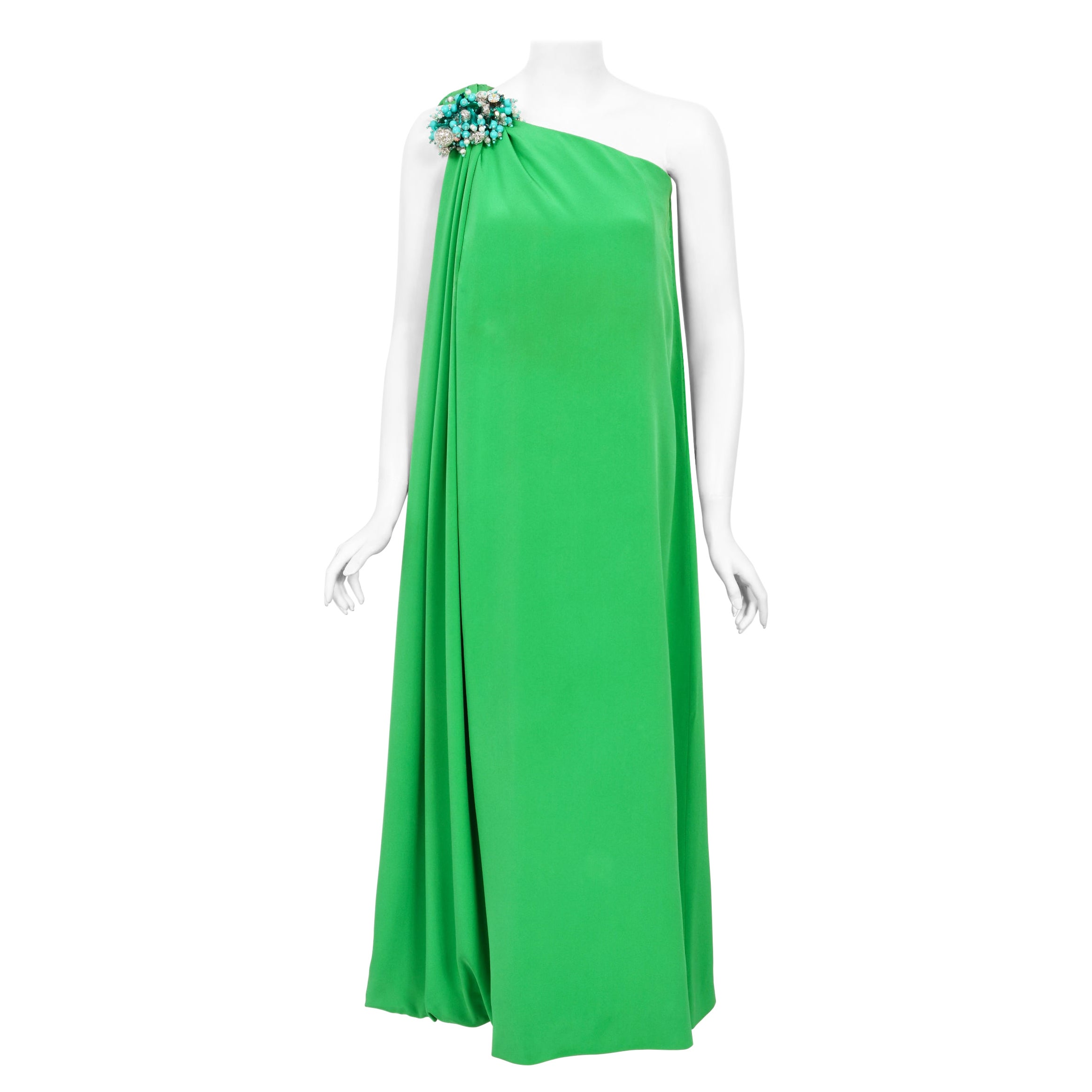 Vintage 1974 Pierre Cardin Haute Couture Green Silk One-Shoulder Goddess Gown