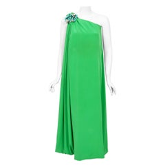 Vintage 1974 Pierre Cardin Haute Couture Green Silk One-Shoulder Goddess Gown