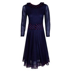 Vintage 1974 Thea Porter Navy & Pink Dotted Print Cotton Voile Long-Sleeve Dress