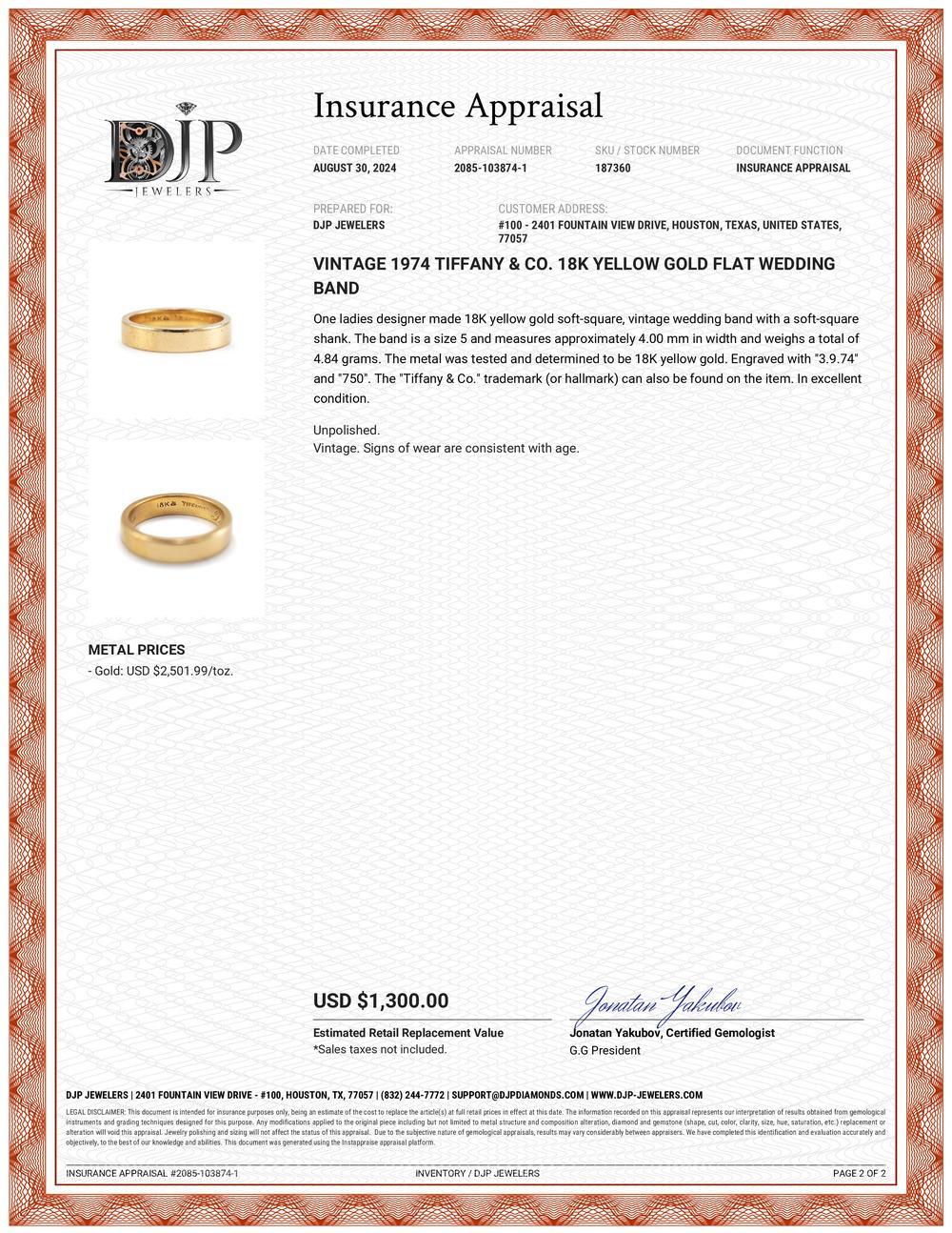 Vintage 1974 Tiffany & Co. 18K Gelbgold Flaches Hochzeitsband 4
