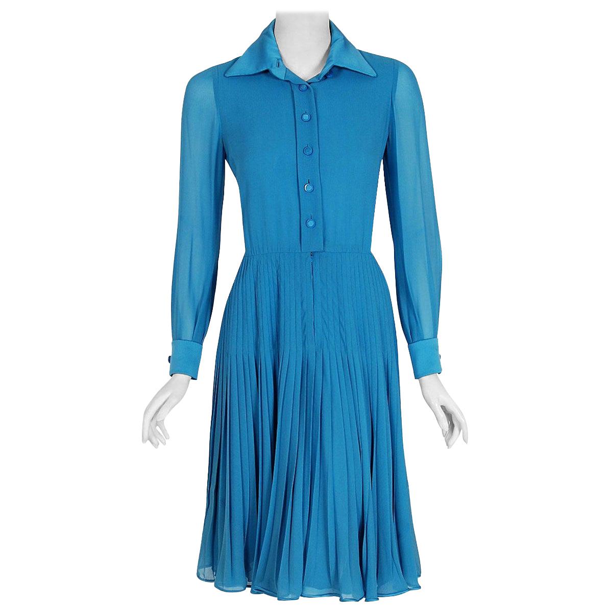 Vintage 1974 Valentino Couture Turquoise-Blue Chiffon Pleated Swing Shirtdress