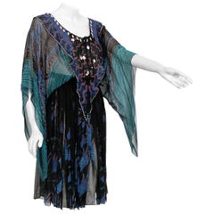 Vintage 1974 Zandra Rhodes Field Of Lilies Hand-Painted Silk Angel Sleeve Dress