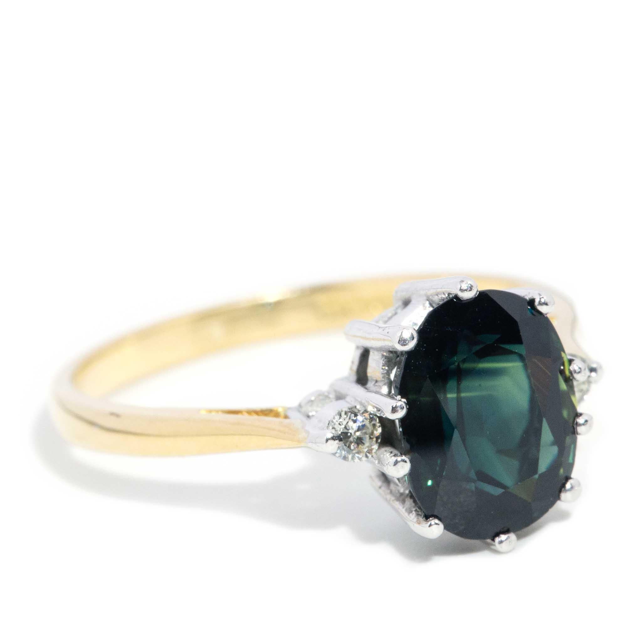 Modern Vintage 1975 2.35 Carat Teal Sapphire & Diamond Ring 18 Carat Yellow WhiteGold