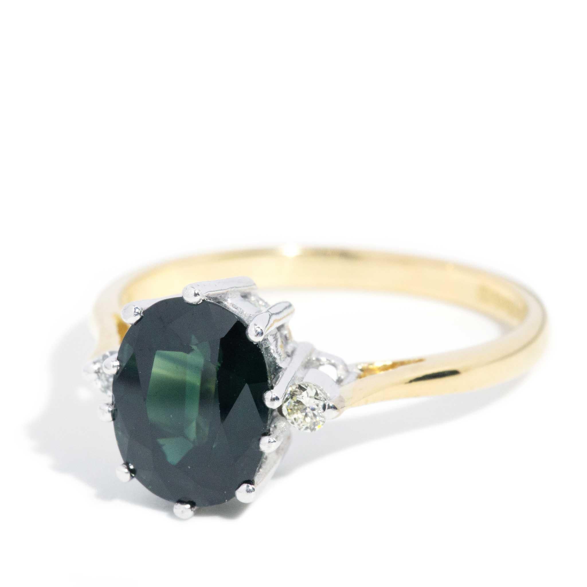Vintage 1975 2.35 Carat Teal Sapphire & Diamond Ring 18 Carat Yellow WhiteGold In Good Condition In Hamilton, AU