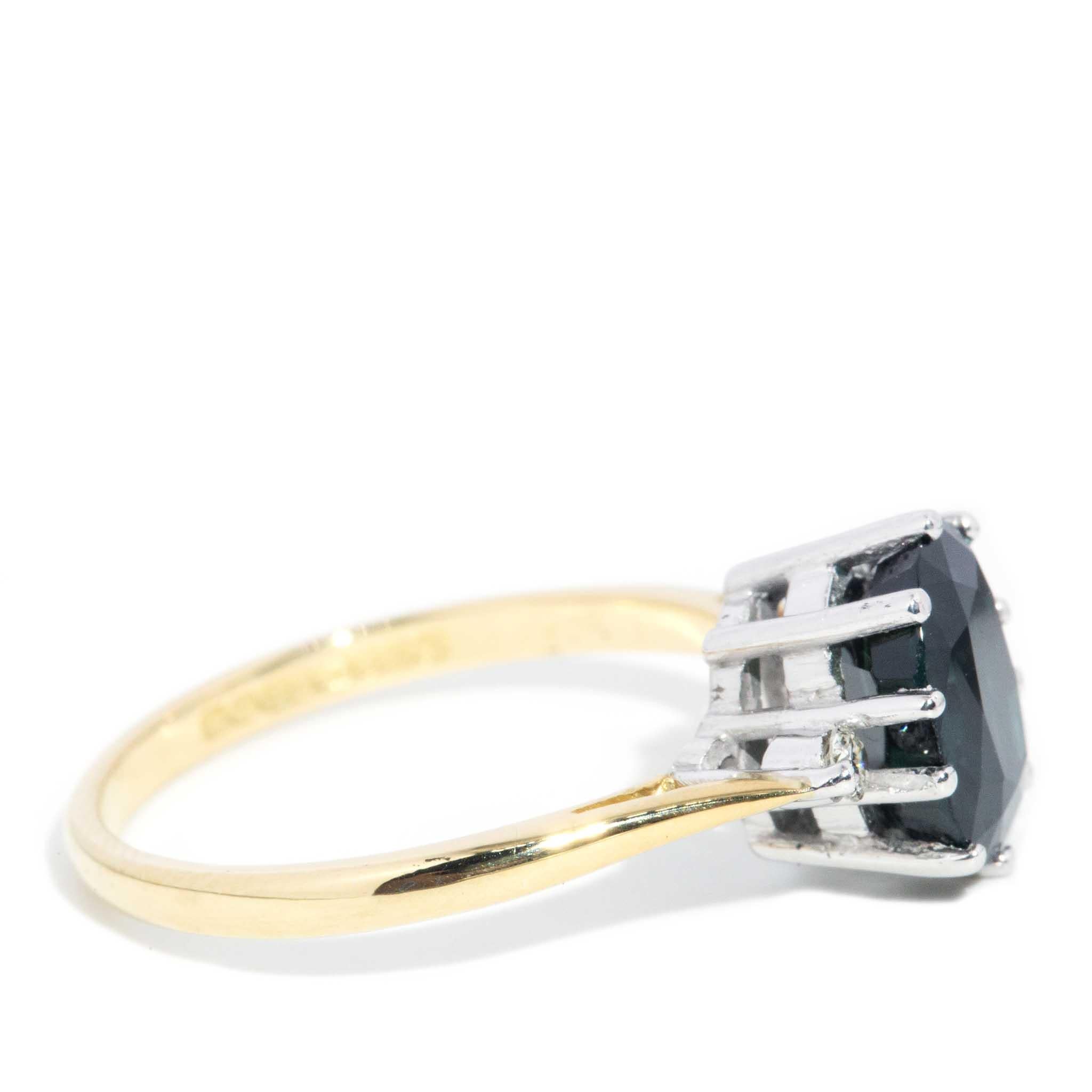 Vintage 1975 2.35 Carat Teal Sapphire & Diamond Ring 18 Carat Yellow WhiteGold 1