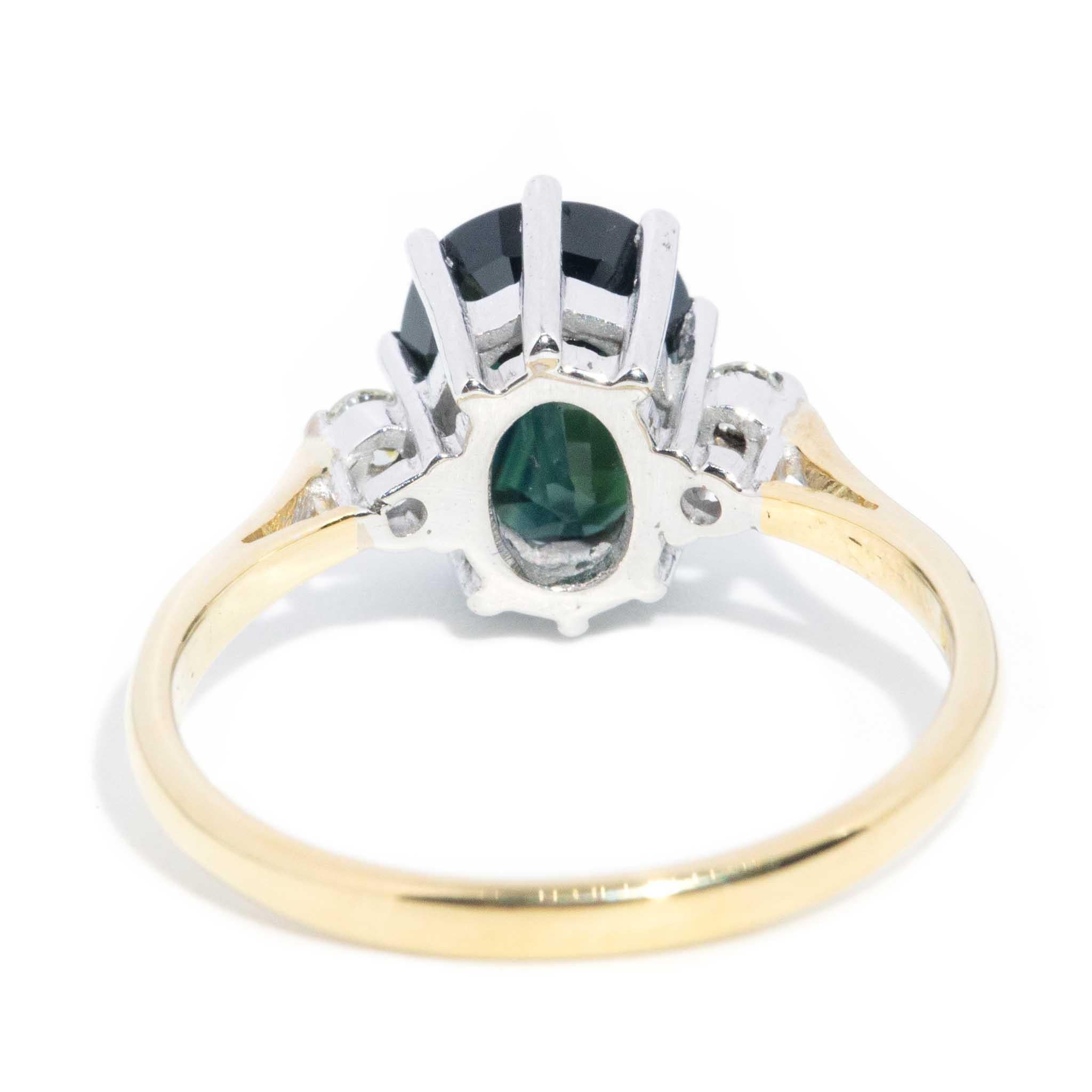 Vintage 1975 2.35 Carat Teal Sapphire & Diamond Ring 18 Carat Yellow WhiteGold 3