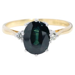 Vintage 1975 2.35 Carat Teal Sapphire & Diamond Ring 18 Carat Yellow WhiteGold