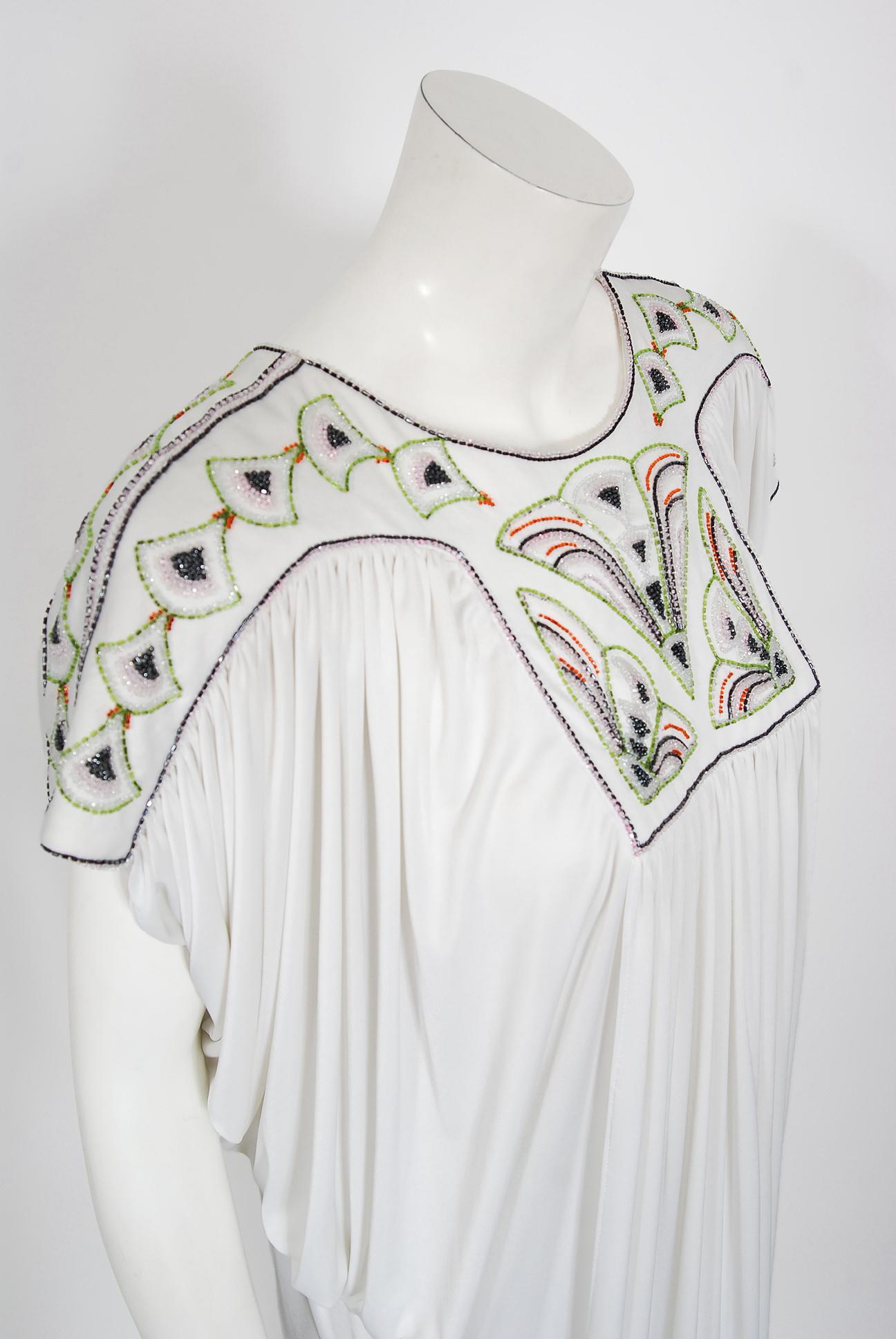 Vintage 1975 Bill Gibb Documented Beaded White Jersey Draped Goddess Caftan Gown 8
