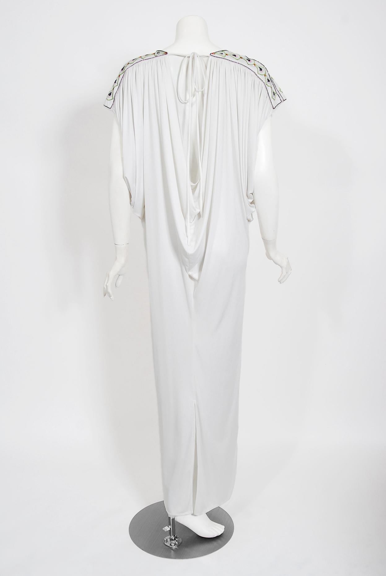 Vintage 1975 Bill Gibb Documented Beaded White Jersey Draped Goddess Caftan Gown 9