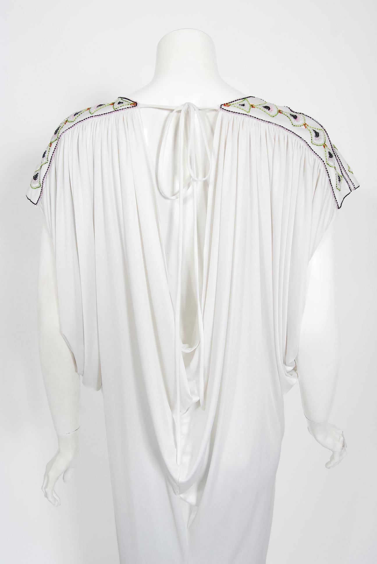 Vintage 1975 Bill Gibb Documented Beaded White Jersey Draped Goddess Caftan Gown 10