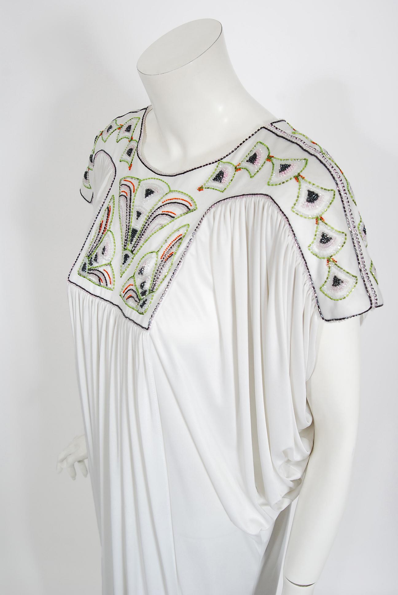 Vintage 1975 Bill Gibb Documented Beaded White Jersey Draped Goddess Caftan Gown 6