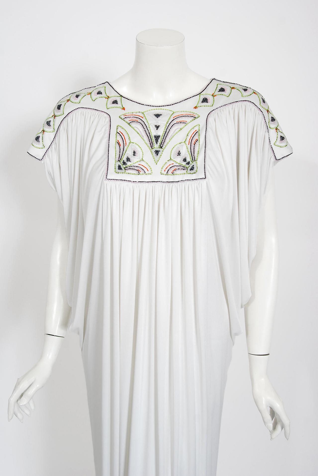 Women's Vintage 1975 Bill Gibb Documented Beaded White Jersey Draped Goddess Caftan Gown