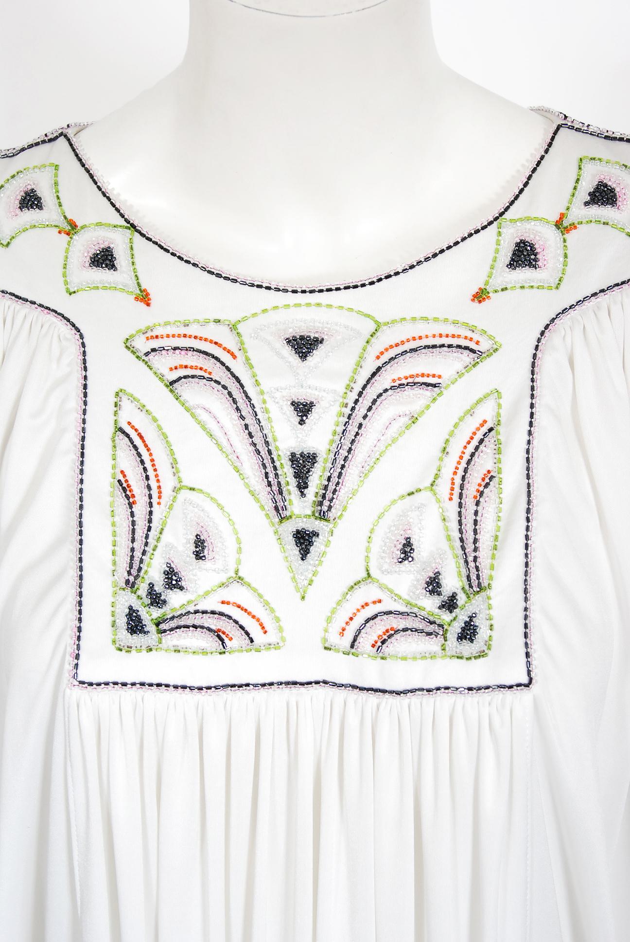 Vintage 1975 Bill Gibb Documented Beaded White Jersey Draped Goddess Caftan Gown 1