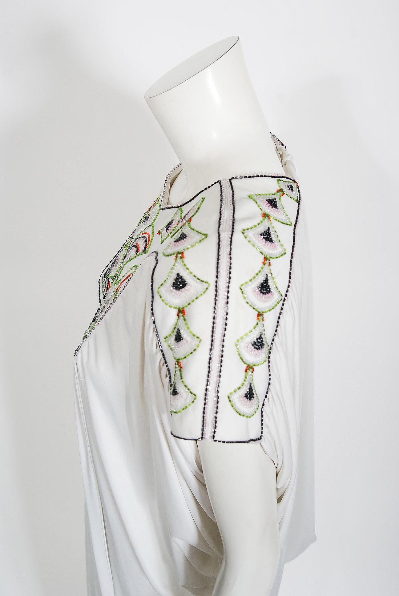Vintage 1975 Bill Gibb Documented Beaded White Jersey Draped Goddess Caftan Gown 3