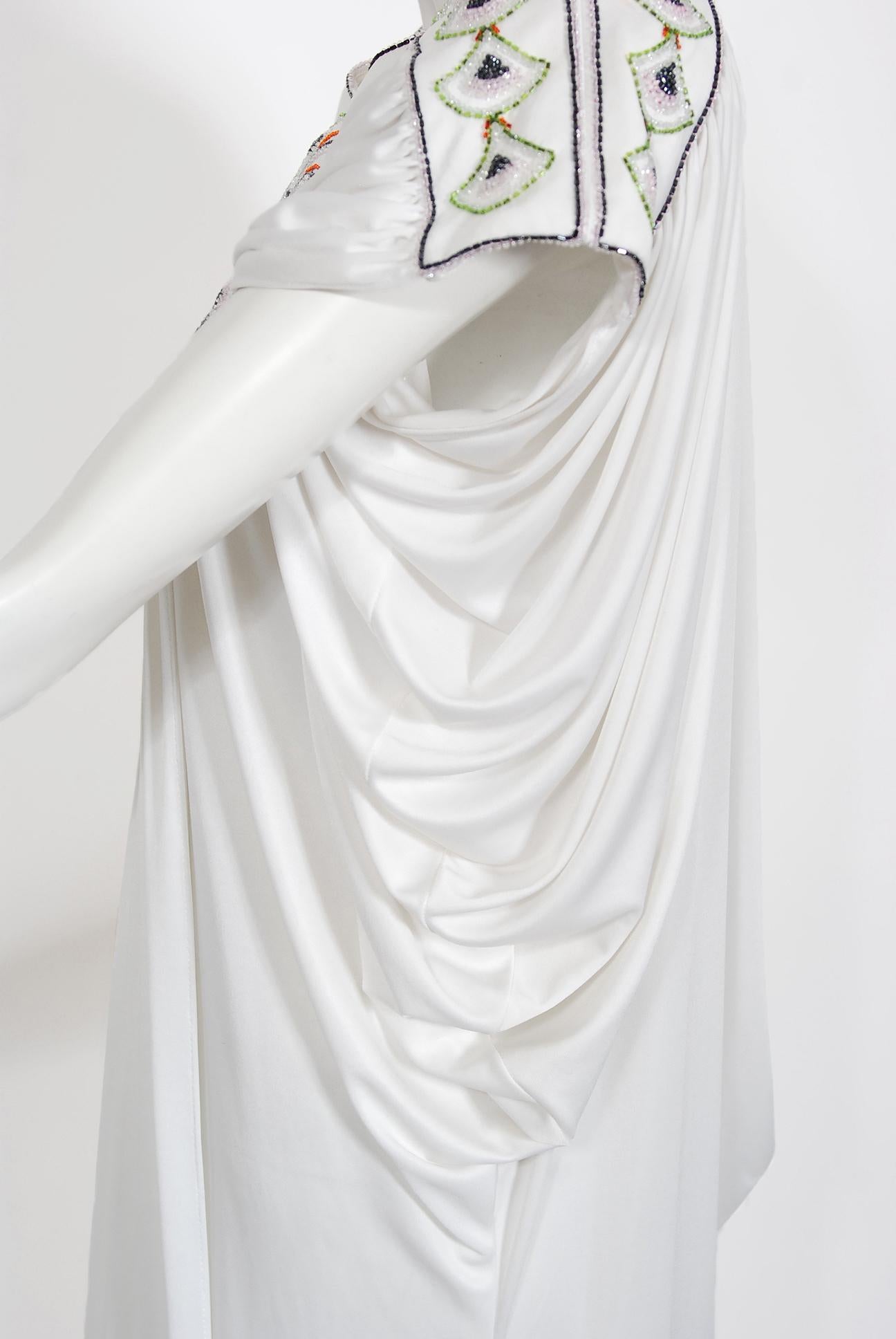 Vintage 1975 Bill Gibb Documented Beaded White Jersey Draped Goddess Caftan Gown 4