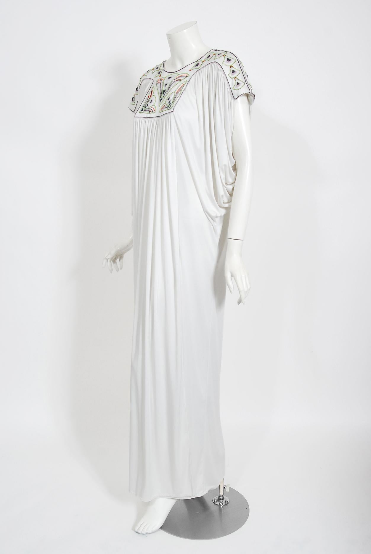 Vintage 1975 Bill Gibb Documented Beaded White Jersey Draped Goddess Caftan Gown 5