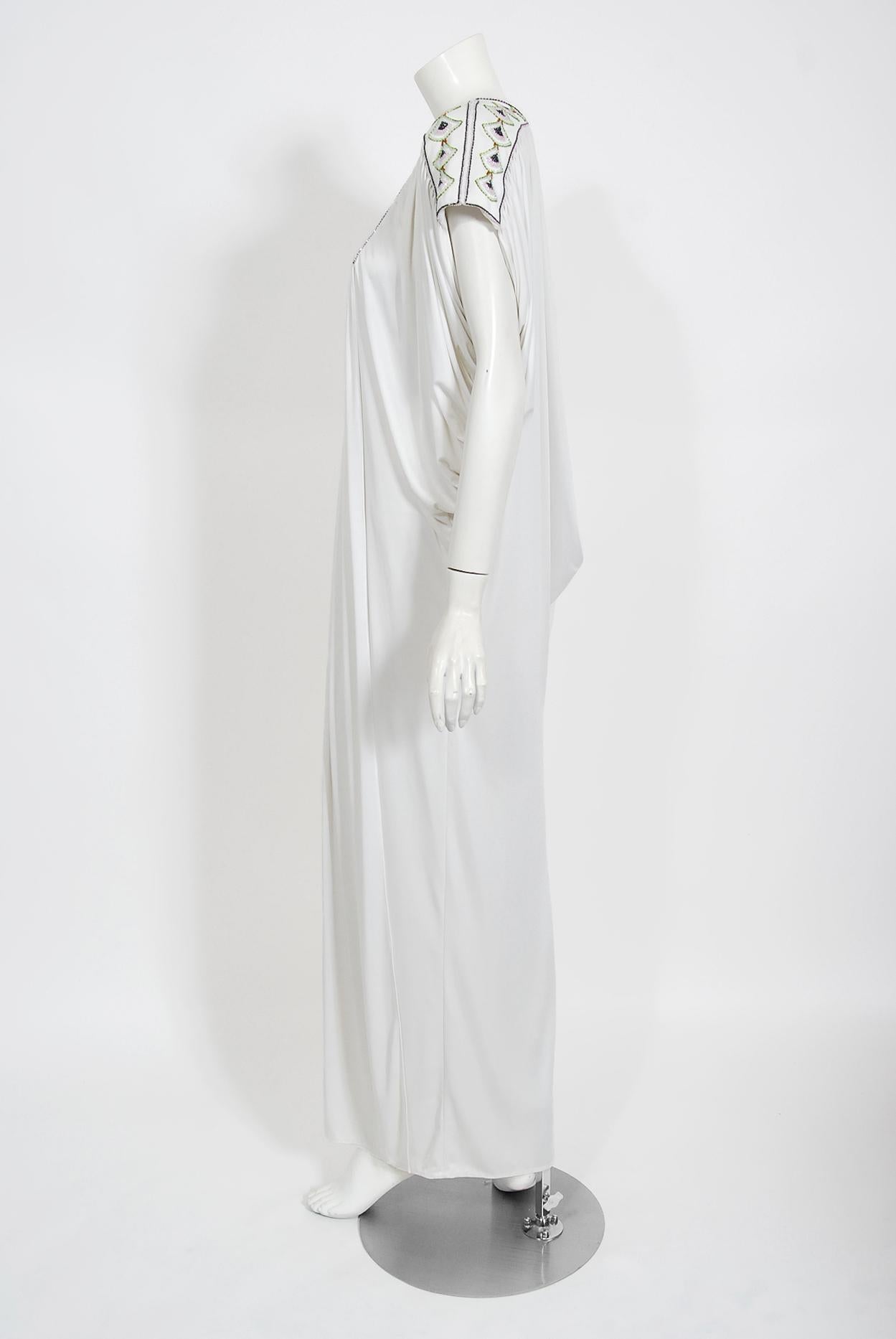 Vintage 1975 Bill Gibb Documented Beaded White Jersey Draped Goddess Caftan Gown 7