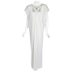 Vintage 1975 Bill Gibb Documented Beaded White Jersey Draped Goddess Caftan Gown