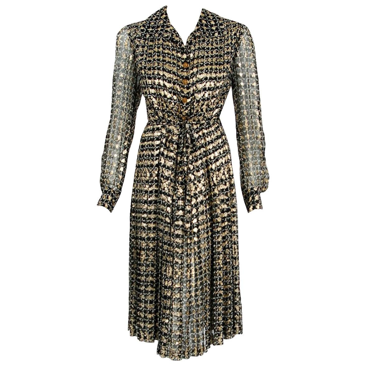 Vintage 1975 Chanel Haute-Couture Metallic Pleated Graphic Silk Belted Dress