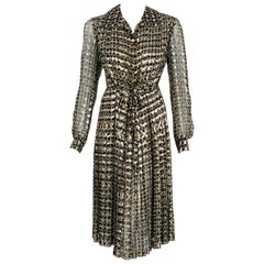 Vintage 1975 Chanel Haute-Couture Metallic Pleated Graphic Silk Belted Dress