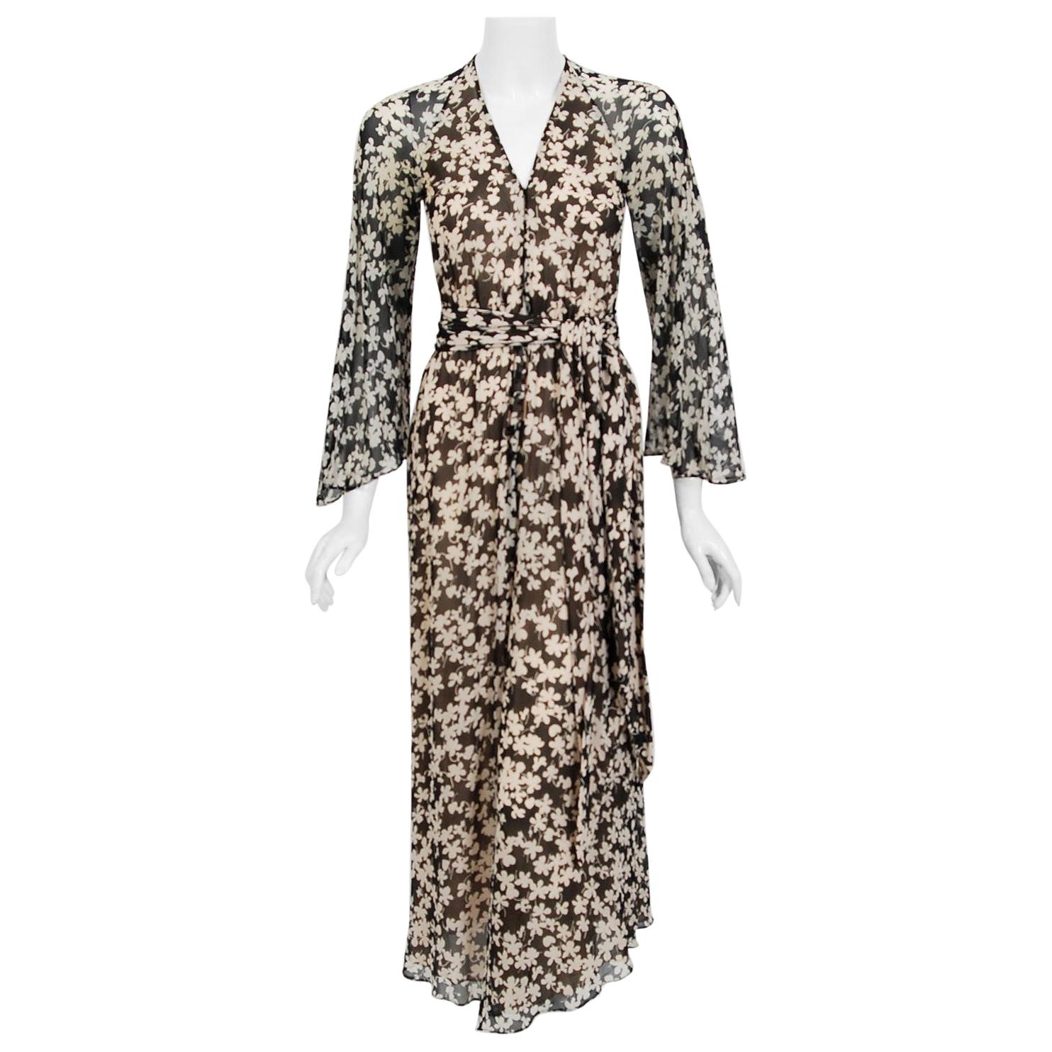 Vintage 1975 Halston Couture Documented Black & Ivory Clover Print Silk Jumpsuit